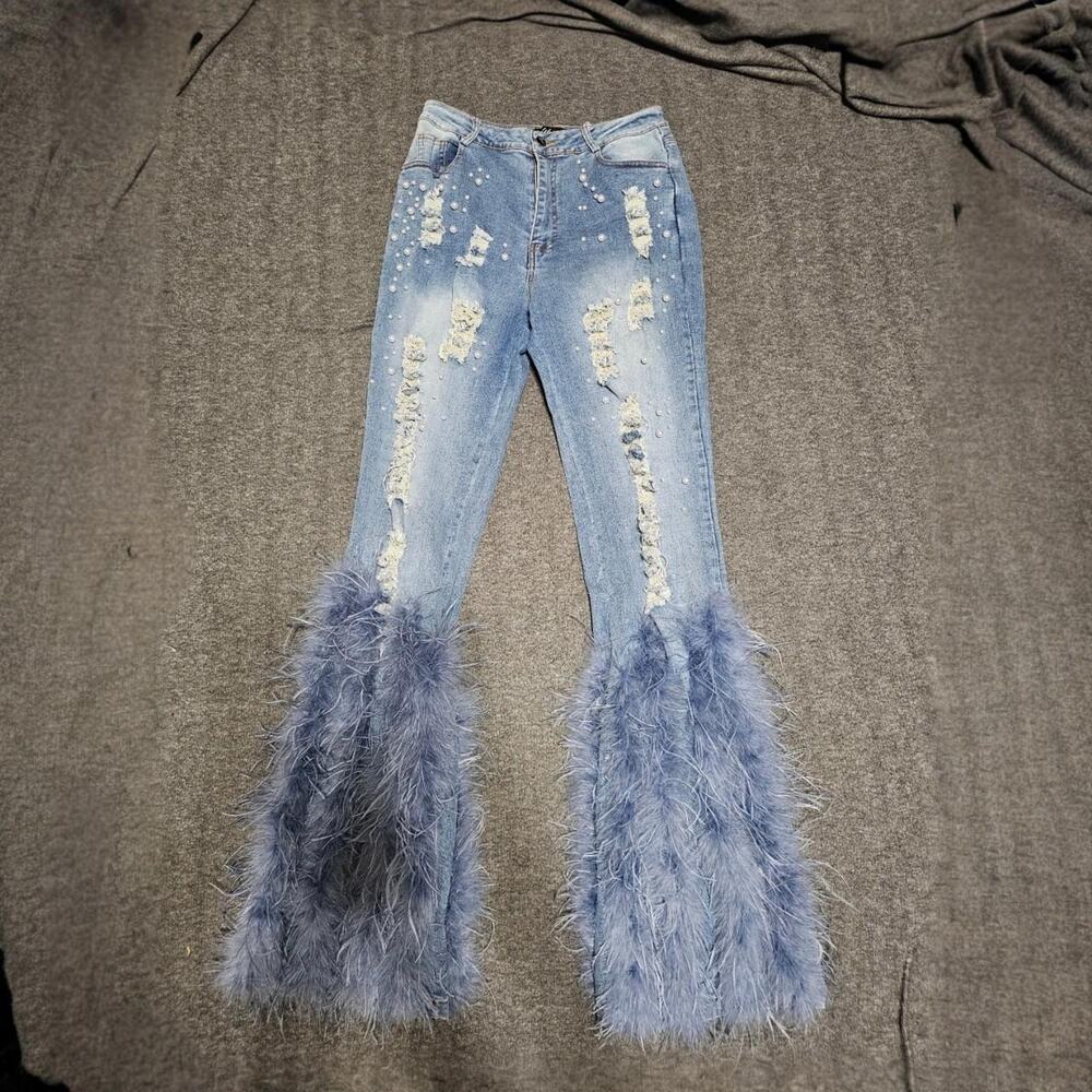 Athina Distressed Pearl Embellished Feather Flare Jeans M